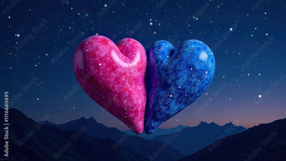 Poster two vibrant hearts merge in a beautiful display of unity against a starry backdrop, set in a tranqui