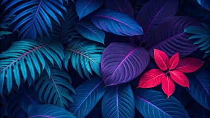Fototapeta premium Neon Tropical Leaf Composition Blue, Purple, Red Foliage Contrast