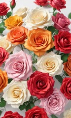 Fototapeta premium Close-up view of vibrant paper roses on a white background, bright, backdrop, paper