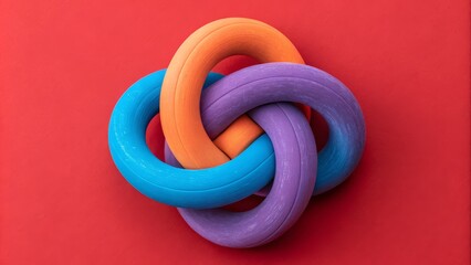 Fototapeta premium Interwoven Rings Abstract Composition of Blue, Purple, and Orange on Red Background