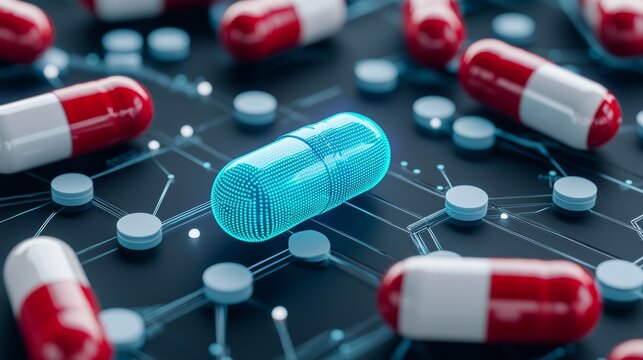 AI in medicine and drug development is symbolized by digital pills on a circuit board.