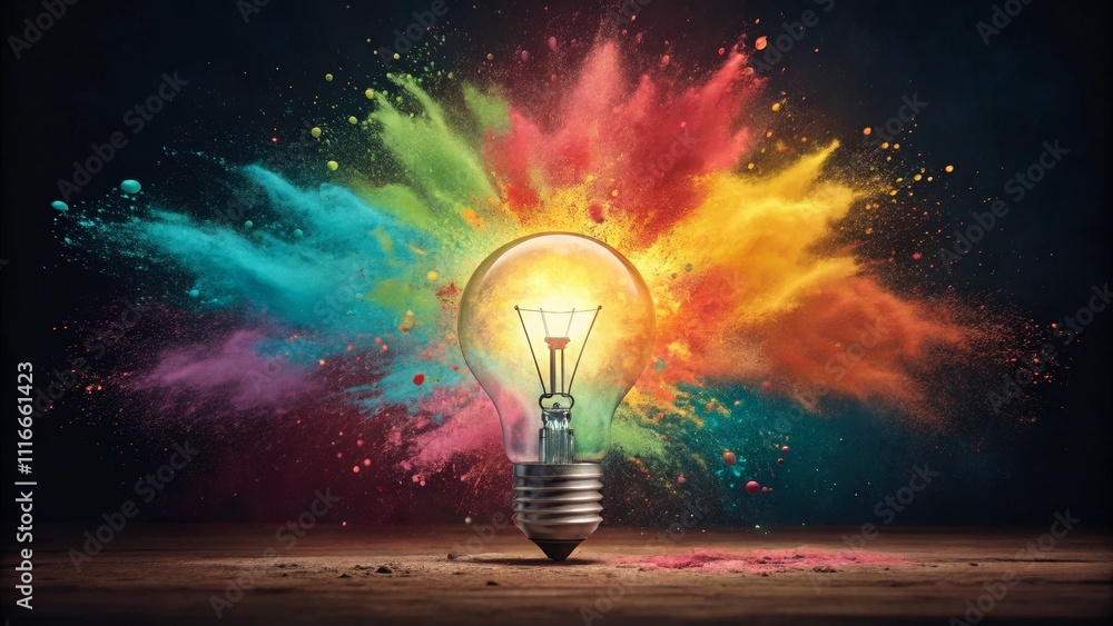 Poster illuminated idea exploding color and glowing bulb composition