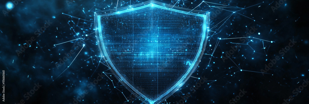 Poster a stylized shield icon with glowing lines and data points, representing cybersecurity, encryption, a