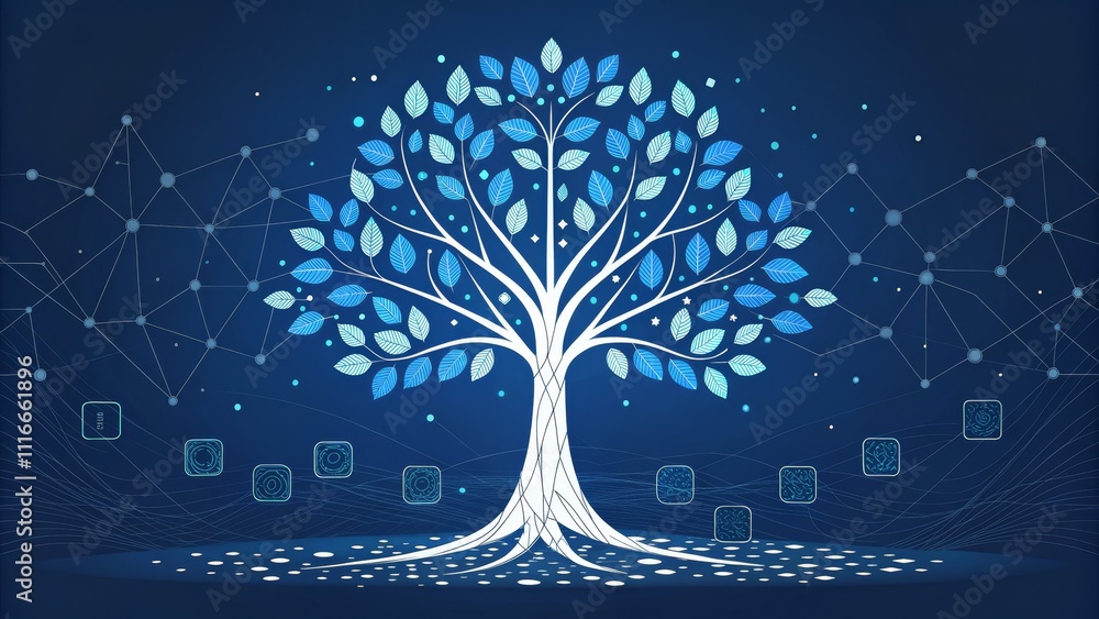 Poster digital tree of life networked blue leaves and abstract data visualization