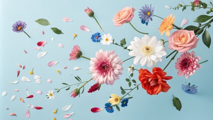 Fototapeta premium Floral Burst Pastel Bloom Composition on Blue Background