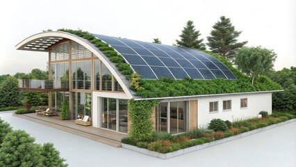 Obraz premium Eco-Friendly Curved House Solar Panel and Green Roof Design Visualization