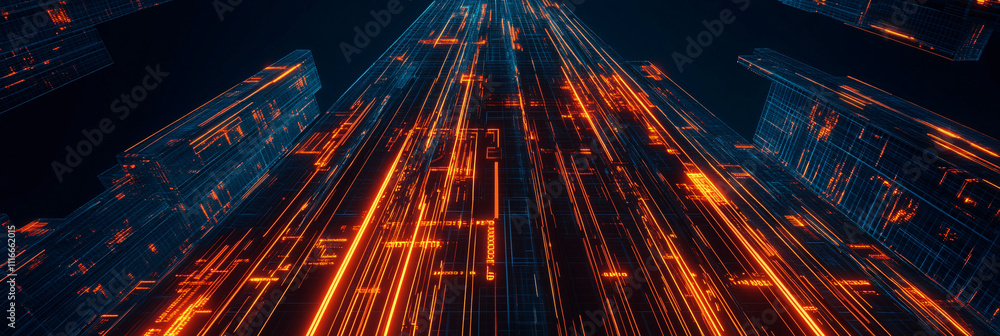 Poster a stylized skyscraper icon made of glowing lines, with data streams representing real estate analyti