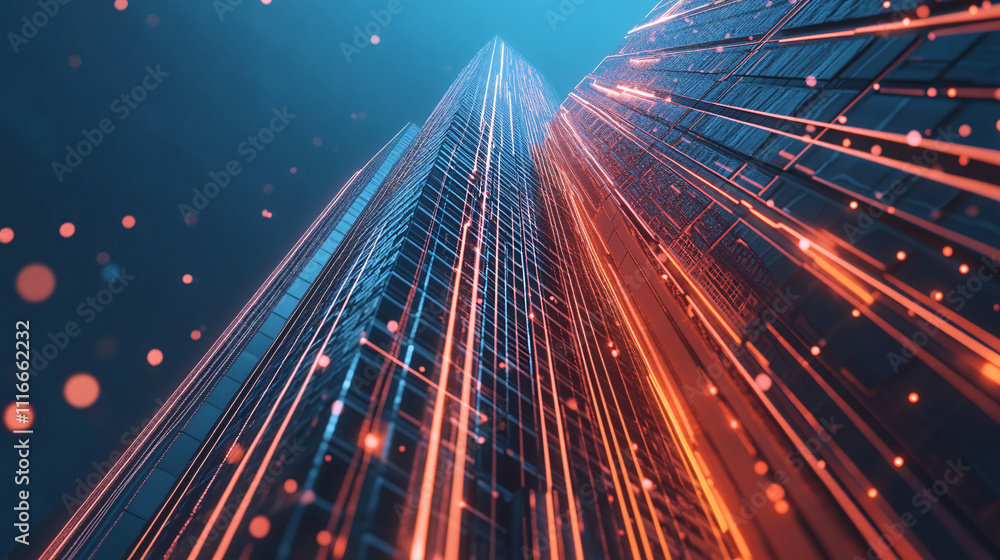 Poster a stylized skyscraper icon made of glowing lines, with data streams representing real estate analyti