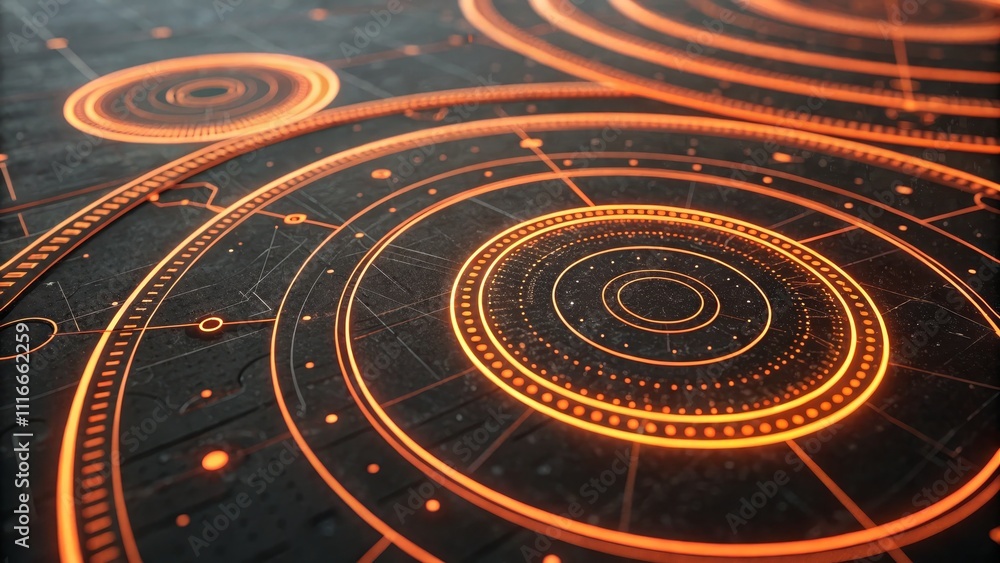 Poster concentric orange glowing circles abstract sci-fi tech interface design