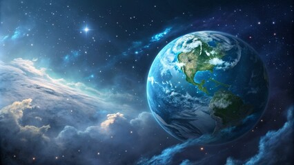 Obraz premium Cosmic Earth Nebula Clouds, Starry Night, Planet View