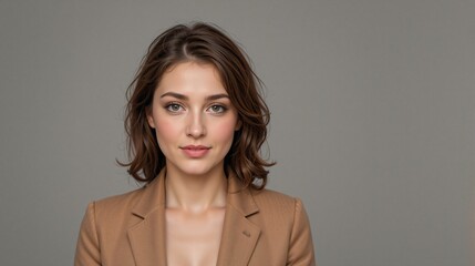 Obraz premium Elegant young woman in light brown blazer with soft expression against light gray background