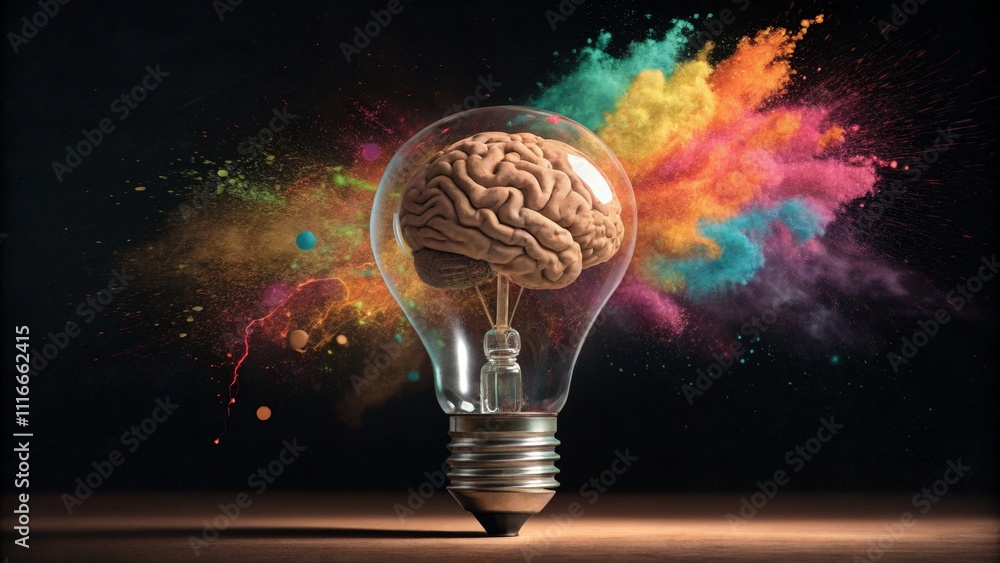 Poster Brain in a Lightbulb Exploding Color and Creativity