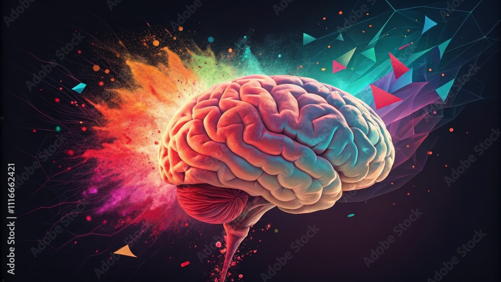Poster brain burst abstract colorful brain with geometric elements and exploding paint splatter