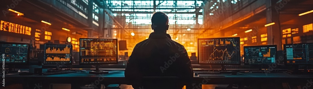 Poster a silhouette of a person sits at a desk with multiple screens, surrounded by a vibrant, illuminated 