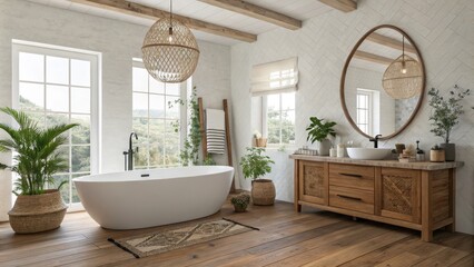 Fototapeta premium Bohemian Bathroom Freestanding Tub, Herringbone Tile, Natural Light