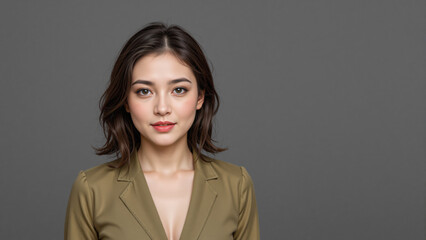 Confident young woman in olive green blazer with soft expression against gray background