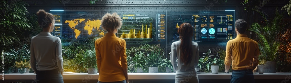 Poster a group of diverse individuals observes a futuristic data dashboard surrounded by greenery, indicati