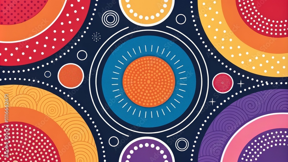 Poster abstract circular composition vibrant dots and swirls in aboriginal art style