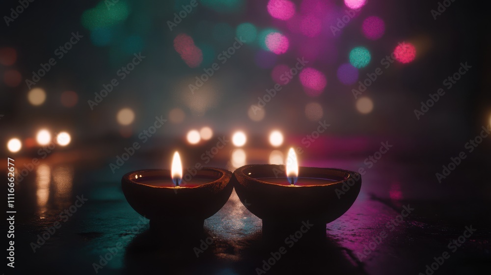 Poster two lit candles in dark setting with bokeh lights.
