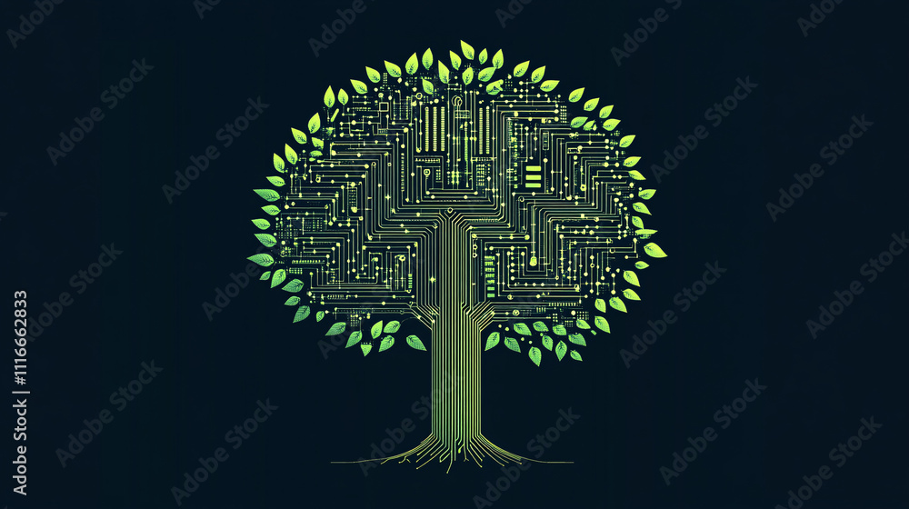 Poster a stylized tree icon with leaves made of digital circuits, symbolizing environmental tech and data-d