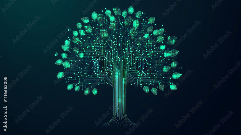 Poster a stylized tree icon with leaves made of digital circuits, symbolizing environmental tech and data-d