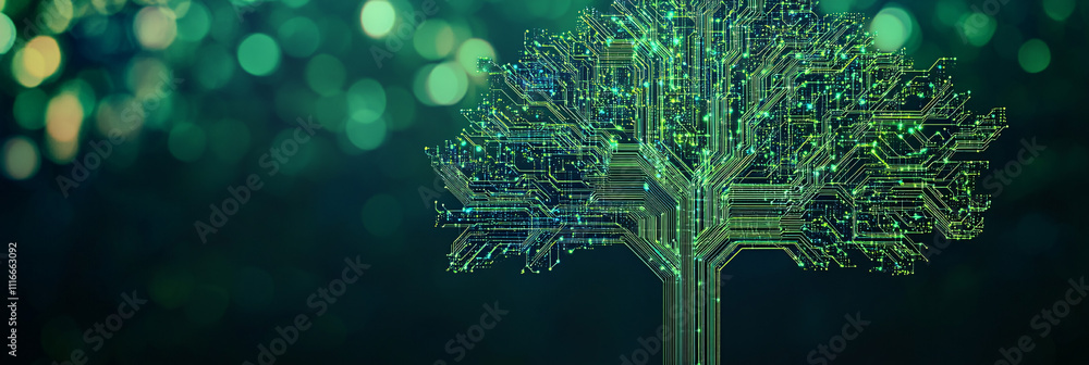 Poster a stylized tree icon with leaves made of digital circuits, symbolizing environmental tech and data-d