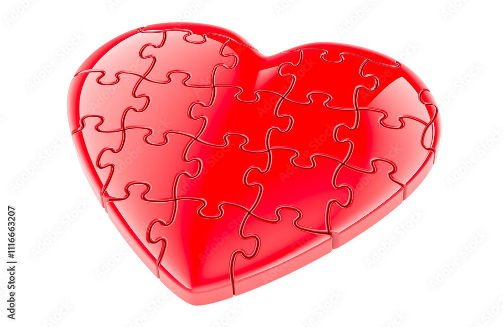 Poster red heart from puzzles. 3d rendering isolated on transparent background