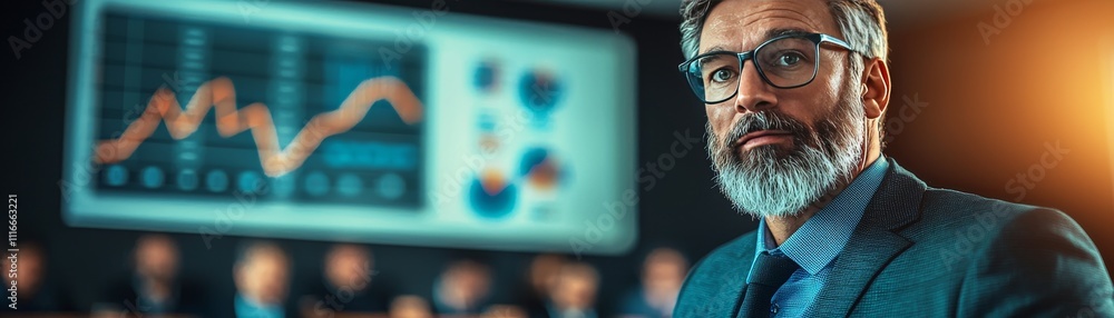 Poster a focused businessman with a beard looks towards a presentation screen displaying analytical data in