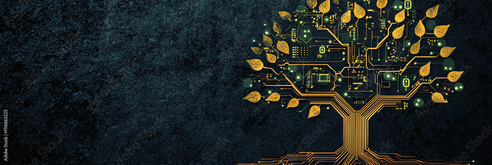 Poster a stylized tree icon with leaves made of digital circuits, symbolizing environmental tech and data-d