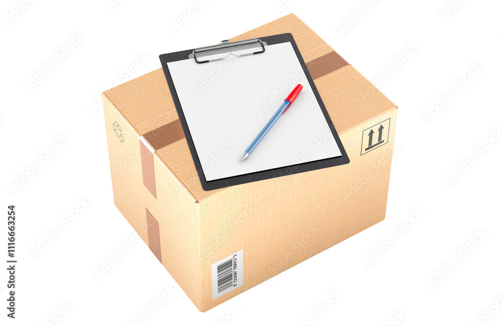 Aufkleber parcel and clipboard with blank a4 paper mockup and pen. 3d rendering isolated on transparent backgr