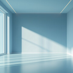 Minimalist interior with cool blue walls and faint light streaks, empty room with a quiet mood, subdued energy, melancholic atmosphere, solitude, loneliness, self-absorption, Blue Monday