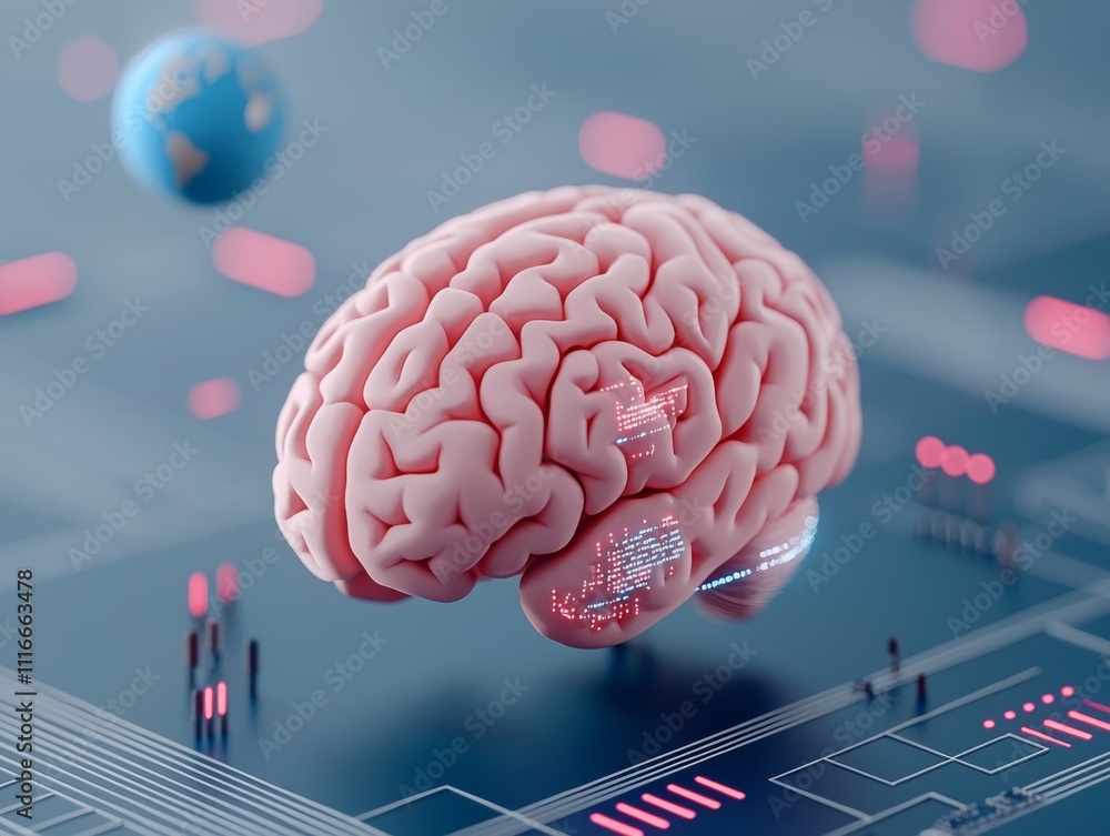 Poster a depiction of a human brain within a digital environment on a dark blue background, symbolizing sto