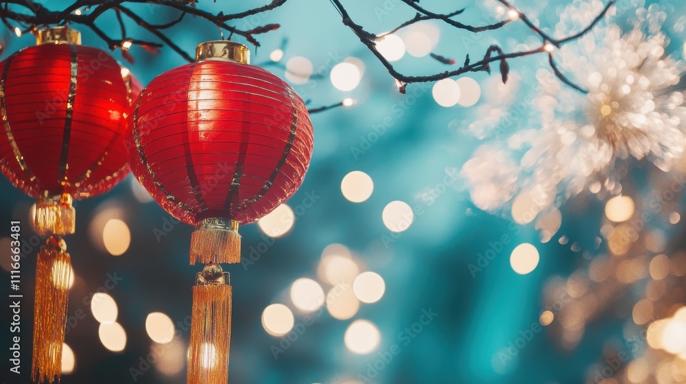 Poster two red chinese lanterns hanging on a tree branch with bokeh lights.