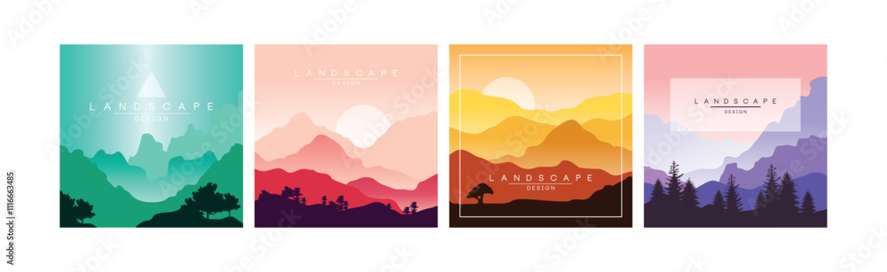 Poster flat landscape design square view and scene vector set