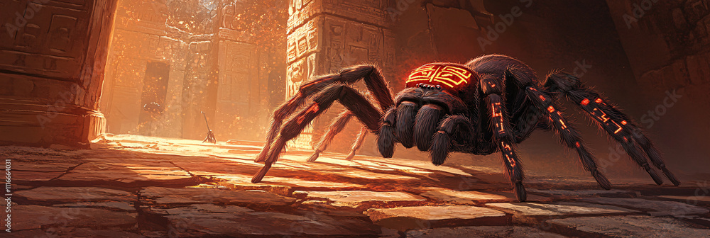 Poster a tarantula with glowing aztec glyphs in red and gold, crawling across an ancient temple floor, its 