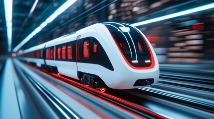 Fototapeta premium The future's sleek, autonomous electric vehicle, designed for rapid transit on high-speed railways, embodies the high-tech digital transport concept.