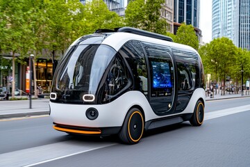 A streamlined self-driving shuttle bus glides along a busy urban street, surrounded by trees and skyscrapers, demonstrating the future of transportation through innovation and technology.