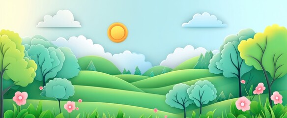 Obraz premium Idyllic Spring Landscape With Green Hills and Trees