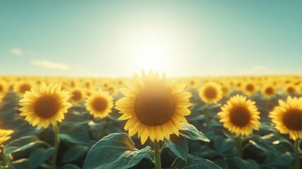 Fototapeta premium A Single Sunflower in a Field of Sunflowers at Sunset