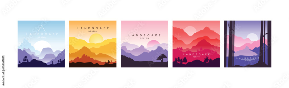 Aufkleber flat landscape design square view and scene vector set