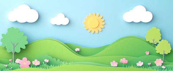 Sunny Day Papercut Landscape With Hills And Flowers