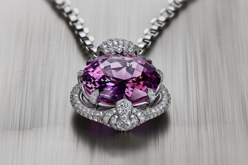 Necklace featuring a large purple spinel and diamond pendant on a metallic grey background.