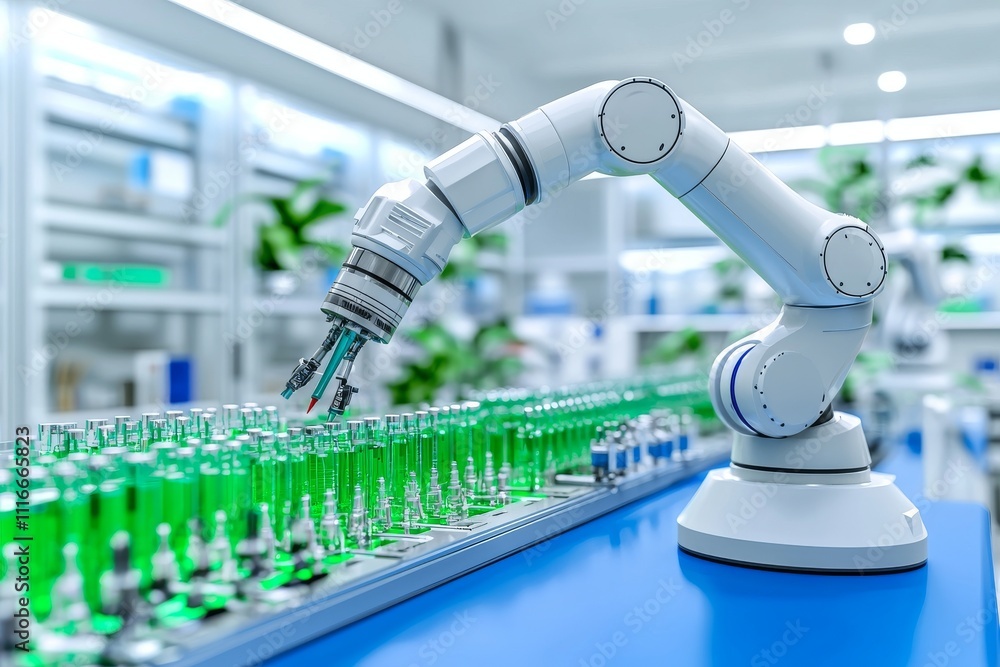 Poster a laboratory setting featuring a white robot arm with luminous blue components in a smart industry e