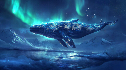 Fototapeta premium A whale covered in glowing ancient symbols in sapphire and silver, swimming beneath the northern lights, its massive form reflected in the icy waters below. 