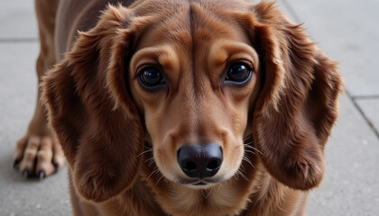 Obraz premium Playful brown dachshund with expressive eyes eagerly waiting for treats outdoors in a sunny park