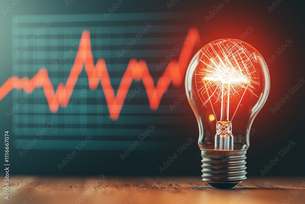 Poster cracked lightbulb illuminating the shadows of lost ideas with a declining graph in the background in