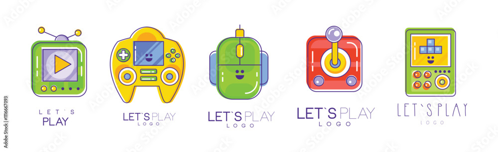 Poster lets play logo design with colorful gaming element vector set