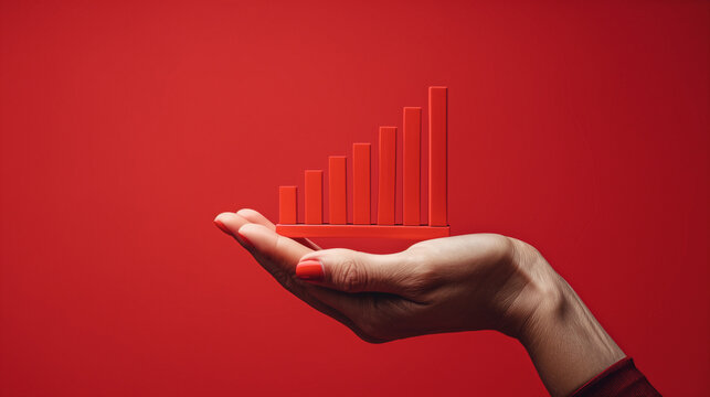 Growth and progress concept: A hand supports a rising bar graph hologram against a vibrant red background, symbolizing the ascent of success and measurable achievements.
