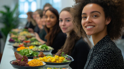 Fototapeta premium A group of diverse coworkers enjoying a plant-based lunch at a long table filled with colorful salads and dishes