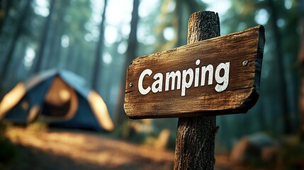 Exploring nature\'s tranquility with a rustic camping sign and vintage tent in a serene forest setting